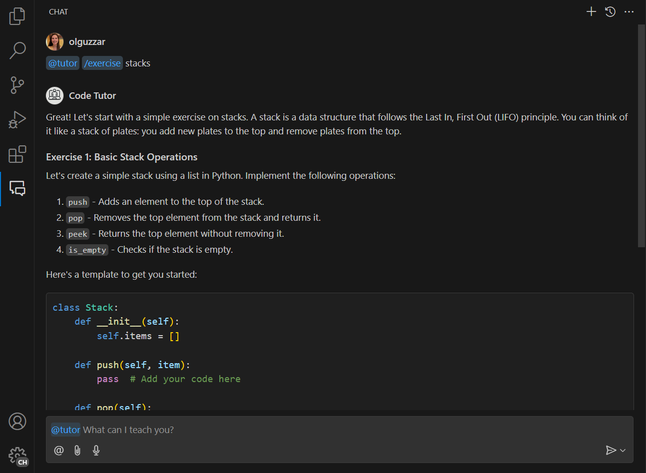 A screenshot of the running extension, showing the @tutor /exercise command